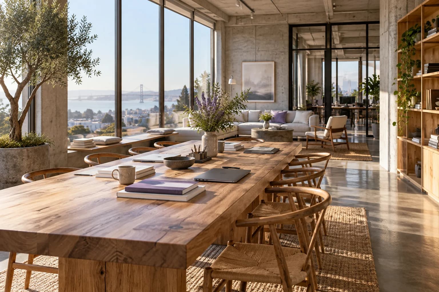 A sunlit creative studio with a shared oak worktable