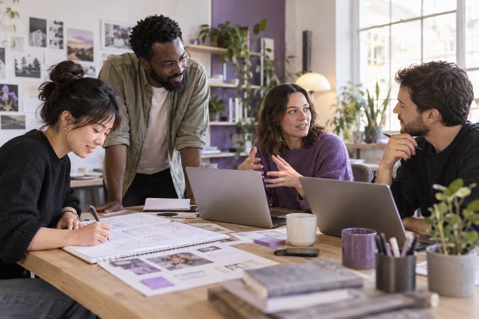 Designers and engineers sharing ideas around a studio table
