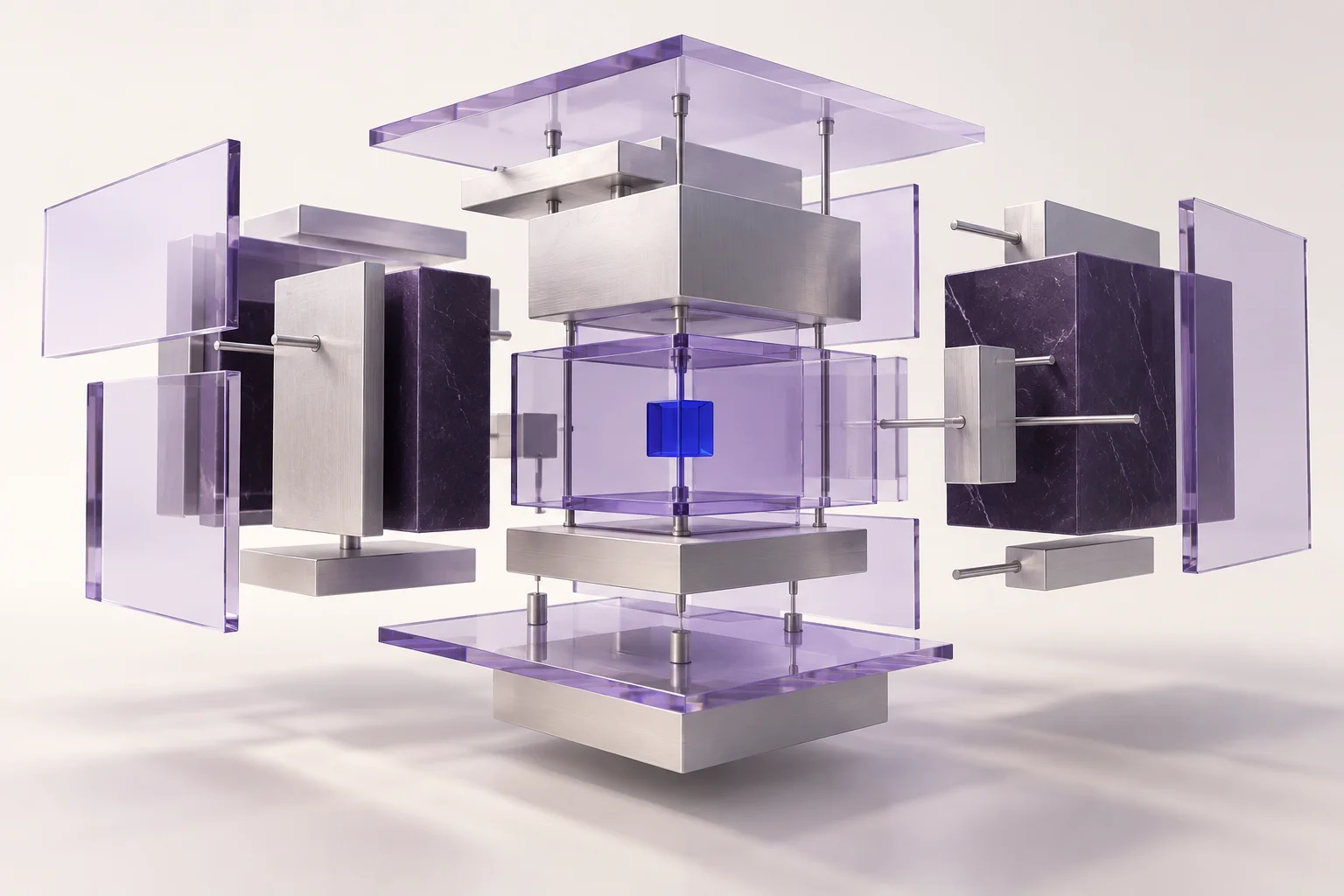 An architectural assembly of glass and metal modules